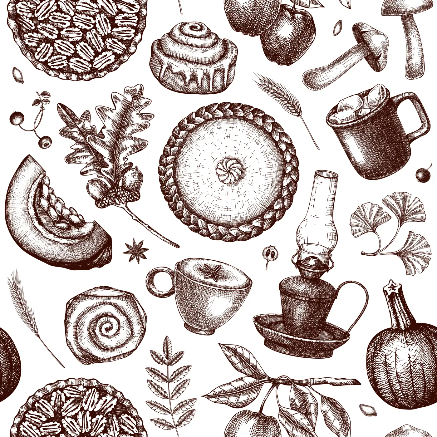 Autumn seamless pattern. Hand-drawn vector illustration. Pumpkin, hot drink, fruit, pie, pastry, fall leaves sketches. Vintage Thanksgiving background Illustration